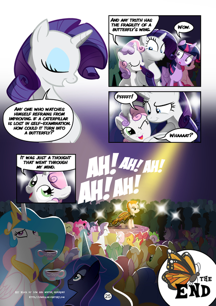 Size: 2894x4093 | Tagged: safe, artist:mister-saugrenu, derpibooru import, apple bloom, carrot top, fluttershy, golden harvest, pinkie pie, princess celestia, princess luna, rarity, scootaloo, spike, sweetie belle, twilight sparkle, twilight sparkle (alicorn), alicorn, pony, comic:art block, comic, cutie mark crusaders, food, princess celestia hates tea, tea, teacup