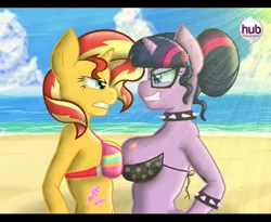 Size: 1094x896 | Tagged: suggestive, artist:alberbrony, derpibooru import, sci-twi, sunset shimmer, twilight sparkle, anthro, equestria girls, asymmetrical docking, beach, big breasts, bikini, blushing, breast envy, breasts, busty twilight sparkle, choker, clothes, female, glasses, hub logo, hub network, spiked choker, story included, swimsuit, tattoo, the hub