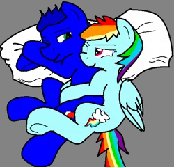 Size: 542x521 | Tagged: safe, artist:twidash-ftw, derpibooru import, rainbow dash, ponified, crossover, crossover shipping, cuddling, female, interspecies, male, pillow, shipping, snuggling, sonicdash, sonic the hedgehog, sonic the hedgehog (series), spooning, straight