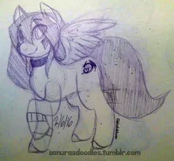 Size: 1250x1161 | Tagged: safe, artist:chitafokkusu, derpibooru import, oc, oc:renni, ponified, unofficial characters only, pegasus, pony, female, monochrome, simple background, sketch, solo, traditional art, white background