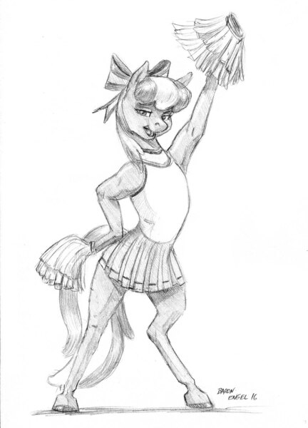 Size: 1100x1527 | Tagged: safe, artist:baron engel, derpibooru import, cheerilee, pony, the cart before the ponies, armpits, bipedal, cheerileeder, cheerleader, clothes, hair bow, monochrome, pencil drawing, pleated skirt, pom pom, skirt, traditional art