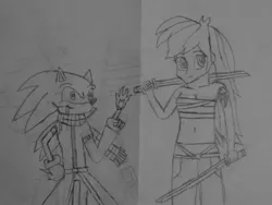 Size: 1024x768 | Tagged: safe, artist:brandonale, derpibooru import, rainbow dash, equestria girls, clothes, cosplay, costume, crossover, erza scarlet, erza scarlett, fairy tail, monochrome, natsu dragneel, sonic the hedgehog, sonic the hedgehog (series), traditional art