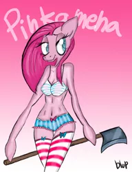 Size: 794x1034 | Tagged: suggestive, artist:blup-chan, derpibooru import, pinkie pie, anthro, earth pony, arm hooves, axe, belly button, blue underwear, bra, breasts, cleavage, clothes, dexterous hooves, female, frilly socks, frilly underwear, gradient background, midriff, panties, pinkamena diane pie, ribbon, signature, socks, solo, striped socks, striped underwear, thigh highs, underwear, weapon