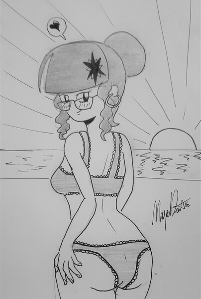 Size: 2839x4215 | Tagged: suggestive, artist:missmayaleanne, derpibooru import, sci-twi, twilight sparkle, equestria girls, beach, bikini, breasts, clothes, female, heart, looking at you, monochrome, solo, solo female, sunset, swimsuit, traditional art