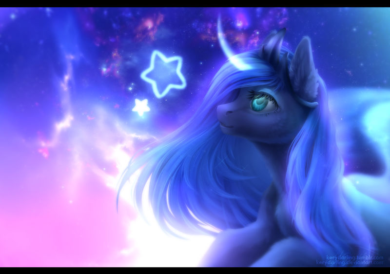 Size: 1505x1057 | Tagged: safe, artist:kerydarling, derpibooru import, princess luna, chest fluff, ear fluff, fluffy, magic, solo, space, stars, tangible heavenly object