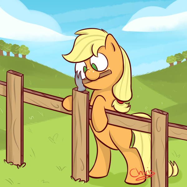 Size: 1000x1000 | Tagged: safe, artist:chrisrainicorn, derpibooru import, applejack, pony, bipedal, bipedal leaning, fence, hammer, hatless, missing accessory, mouth hold, newbie artist training grounds, solo