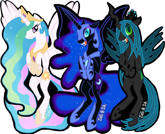 Size: 571x464 | Tagged: artist:bright ink, derpibooru import, nightmare moon, princess celestia, queen chrysalis, safe