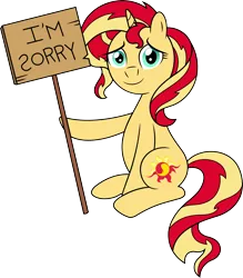 Size: 4654x5311 | Tagged: safe, artist:sugar-loop, derpibooru import, sunset shimmer, pony, unicorn, equestria girls, absurd resolution, apology, female, hoof hold, looking at you, mare, mending, newbie artist training grounds, sign, simple background, sitting, smiling, solo, sorry, transparent background