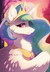Size: 701x1001 | Tagged: safe, artist:hioshiru, derpibooru import, princess celestia, alicorn, pony, beautiful, bust, canterlot, chest fluff, crown, cute, cutelestia, ear fluff, example, feather, female, fluffy, grin, jewelry, lidded eyes, looking at you, mare, necklace, regalia, smiling, solo, sparkles, tree, wings