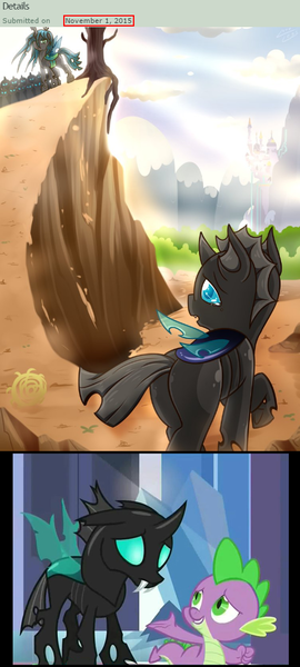 Size: 478x1063 | Tagged: artist:vavacung, canterlot, changeling, crying, derpibooru import, dragon, hilarious in hindsight, queen chrysalis, safe, smiling, spike, the times they are a changeling, thorax