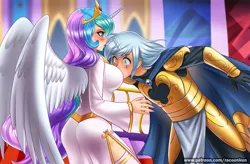 Size: 1300x854 | Tagged: suggestive, artist:racoonsan, derpibooru import, princess celestia, oc, oc:silver sickle, human, blushing, boob smothering, breasts, busty princess celestia, canon x oc, clothes, curvy, dress, female, fingernails, horned humanization, humanized, royal guard, scar, shipping, shocked expression, side slit, silvestia, smothering, trip, wide eyes