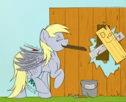 Size: 795x642 | Tagged: safe, artist:inurantchan, derpibooru import, derpy hooves, pegasus, pony, crossover, ed edd n eddy, eyes closed, female, fence, hammer, mare, mouth hold, nails, newbie artist training grounds, plank, solo