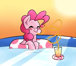 Size: 1227x1055 | Tagged: artist:melodicmarzipan, bendy straw, blushing, derpibooru import, drinking straw, eyes closed, floating, inner tube, pinkie pie, safe, solo, swimming pool, water, wet