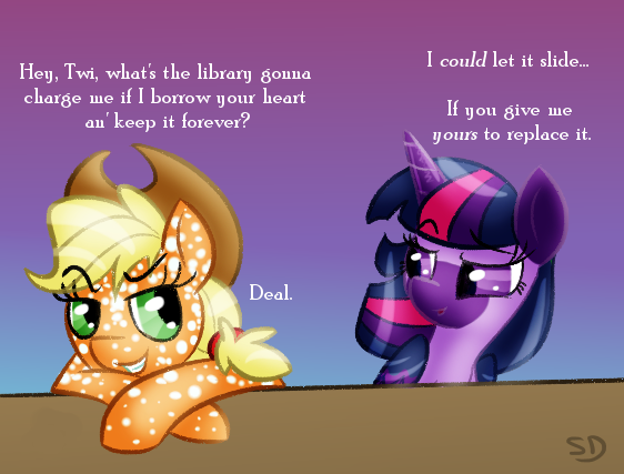 Size: 562x427 | Tagged: safe, artist:sallindaemon, derpibooru import, applejack, twilight sparkle, pony, alternate design, dappled, female, lesbian, mare, shipping, twijack