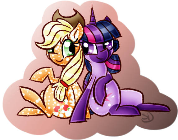 Size: 573x452 | Tagged: safe, artist:sallindaemon, derpibooru import, applejack, twilight sparkle, pony, alternate design, dappled, female, lesbian, mare, shipping, sitting, twijack