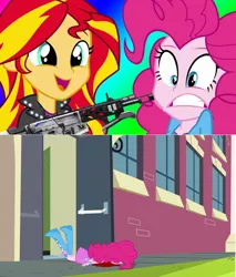 Size: 800x940 | Tagged: semi-grimdark, derpibooru import, pinkie pie, sunset shimmer, equestria girls, abuse, black ops 2, blood, comic, death, edgy, female, gun, murder, peacekeeper, pinkiebuse, school shooting, weapon