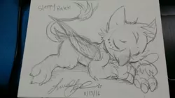 Size: 1200x675 | Tagged: artist needed, safe, derpibooru import, oc, oc:ralek, unofficial characters only, gryphon, cute, eyes closed, fluffy, monochrome, pencil drawing, prone, sketch, sleeping, solo, talons, traditional art