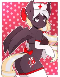 Size: 623x804 | Tagged: suggestive, artist:koimii, derpibooru import, oc, oc:nighthaunt, unofficial characters only, anthro, bat pony, anthro oc, arm hooves, ass, breasts, clothes, female, looking at you, nurse outfit, socks, solo, solo female, stockings, thigh highs, underwear
