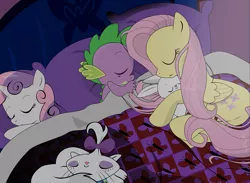 Size: 1409x1033 | Tagged: safe, artist:dsana, derpibooru import, angel bunny, fluttershy, opalescence, spike, sweetie belle, cat, dragon, pegasus, pony, rabbit, angelbetes, baby, baby dragon, bed, cropped, cute, diasweetes, female, filly, fluttershy's cottage, heartwarming, male, mare, shyabetes, sleeping, snuggling, spikabetes, weapons-grade cute