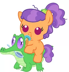 Size: 986x1017 | Tagged: safe, artist:red4567, derpibooru import, gummy, plaid stripes, pony, the saddle row review, baby, baby pony, cute, pacifier, plaidabetes, ponies riding gators, riding, spoon, weapons-grade cute