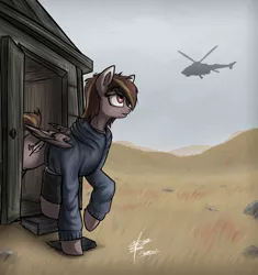 Size: 1280x1359 | Tagged: dead source, safe, artist:slawomiro, derpibooru import, oc, unofficial characters only, clothes, freckles, helicopter, raised hoof, shed, solo