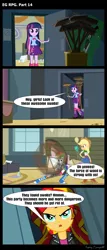 Size: 1288x3000 | Tagged: safe, artist:bredgroup, derpibooru import, applejack, rainbow dash, sunset shimmer, twilight sparkle, twilight sparkle (alicorn), comic:eg rpg, equestria girls, boots, broom, comic, cowboy boots, high heel boots, screencap comic, star wars