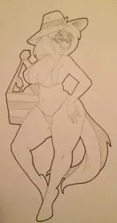 Size: 1012x1920 | Tagged: anthro, artist:zacharyisaacs, bikini, breasts, clothes, derpibooru import, hat, monochrome, oc, oc:fade, solo, suggestive, sunglasses, sun hat, swimsuit, traditional art, unofficial characters only