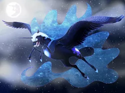 Size: 2700x2000 | Tagged: artist:reamina, derpibooru import, flying, galaxy mane, growling, mare in the moon, moon, nightmare moon, open mouth, safe, sharp teeth, solo, stars