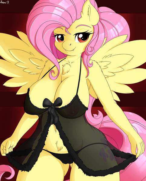 Size: 2900x3600 | Tagged: questionable, alternate version, artist:ziemniax, derpibooru import, fluttershy, anthro, bat pony, belly button, big breasts, breasts, busty fluttershy, cameltoe, chest fluff, clothes, cute little fangs, fangs, female, flutterbat, negligee, nightgown, nipples, nudity, panties, race swap, see-through, solo, solo female, underwear