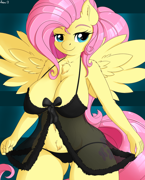 Size: 2900x3600 | Tagged: alternate version, anthro, artist:ziemniax, babydoll, belly button, big breasts, breasts, busty fluttershy, chest fluff, clothes, derpibooru import, female, fluttershy, lingerie, negligee, nightgown, panties, questionable, see-through, solo, solo female, underwear