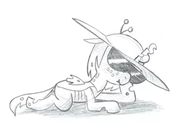 Size: 677x469 | Tagged: artist:syggie, ask the changeling princess, changeling, changeling queen, crown, cute, cutealis, derpibooru import, female, filly, filly queen chrysalis, foal, freckles, hat, jewelry, monochrome, nymph, princess chrysalis, prone, queen chrysalis, regalia, safe, sketch, solo, sunglasses, traditional art, younger