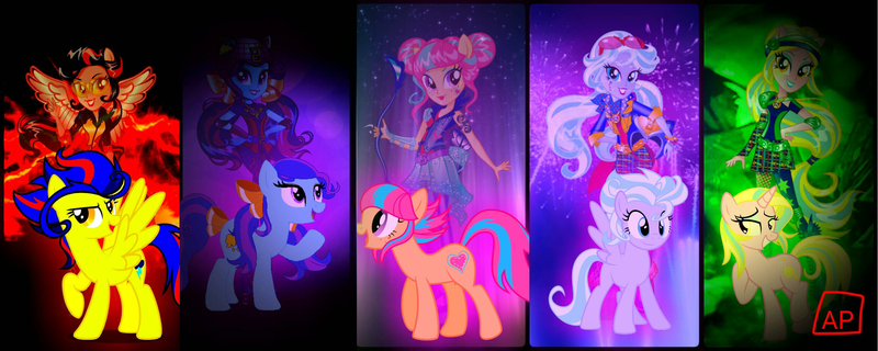 Size: 2456x982 | Tagged: safe, artist:mlpariana, derpibooru import, indigo zap, lemon zest, sour sweet, sugarcoat, sunny flare, equestria girls, crystal prep shadowbolts, raised hoof, shadow five