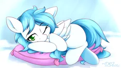 Size: 1280x720 | Tagged: safe, artist:dshou, derpibooru import, oc, oc:bright heart, unofficial characters only, pegasus, pony, cute, pillow, solo