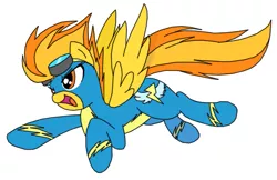 Size: 819x532 | Tagged: artist:zajice, clothes, colored, color edit, derpibooru import, edit, flying, goggles, open mouth, safe, solo, spitfire, wonderbolts, wonderbolts uniform