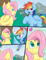 Size: 1050x1350 | Tagged: safe, artist:skoon, derpibooru import, fluttershy, rainbow dash, pegasus, pony, comic:futashy, comic, cute, dialogue, eyes closed, female, flutterdash, heart, lesbian, mare, open mouth, out of hoof, shipping, smiling