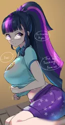Size: 552x1055 | Tagged: suggestive, artist:chigusa, derpibooru import, sci-twi, twilight sparkle, equestria girls, legend of everfree, big breasts, breasts, busty twilight sparkle, clothes, dialogue, female, for science, glasses, huge breasts, looking at you, midriff, ponytail, shirt, shirt lift, shorts, solo, solo female, speech bubble, sweat