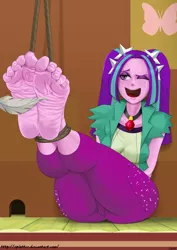 Size: 3508x4961 | Tagged: suggestive, artist:xplotter, derpibooru import, aria blaze, equestria girls, rainbow rocks, absurd resolution, ass, barefoot, crying, eyeshadow, feet, female, foot fetish, foot focus, laughing, makeup, one eye closed, open mouth, sitting, smiling, solo, solo female, tickling, wink