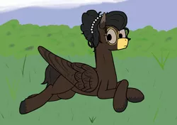 Size: 1700x1200 | Tagged: artist:bojangleee, birb, bird pone, blackbird, common blackbird, derpibooru import, hair bun, hair tie, oc, oc:sprig, pearl, safe, solo, unofficial characters only