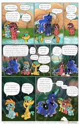 Size: 1300x2000 | Tagged: artist:smudge proof, bath, bathing, bubble, cake, cake cake, comb, combing, comic, comic:heads and tails, crepuscular rays, derpibooru import, dog, everfree forest, food, forest, lake, magic, oc, oc:halcyon, oc:tails, original species, patreon, patreon logo, princess luna, rain, river, safe, snails, snips, water, wet