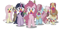 Size: 7000x3205 | Tagged: safe, artist:dashiesparkle, derpibooru import, big macintosh, cheerilee, cherry berry, cup cake, fluttershy, granny smith, lily, lily valley, matilda, pinkie pie, pound cake, pumpkin cake, spike, twilight sparkle, twilight sparkle (alicorn), alicorn, pony, zombie, 28 pranks later, .svg available, absurd resolution, cake twins, cookie zombie, infected, open mouth, simple background, transparent background, vector