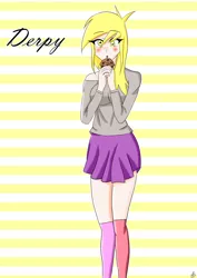 Size: 1024x1448 | Tagged: safe, artist:achaoticdotstar, derpibooru import, derpy hooves, equestria girls, anime, bad anatomy, cupcake, food, generic, humanized, shiny, shy, solo