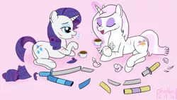 Size: 1604x911 | Tagged: safe, alternate version, artist:phallen1, derpibooru import, fleur-de-lis, rarity, pony, unicorn, aftermath, bad haircut, battle damage, continuity, cut, female, gossip, implied violence, like nothing happened, mare, newbie artist training grounds, scabbard, sword, talking, teacup, weapon