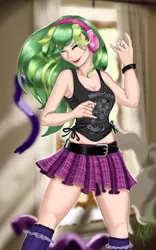 Size: 1998x3200 | Tagged: safe, artist:aspirantedeartista, derpibooru import, lemon zest, equestria girls, friendship games, air guitar, belt, bracelet, breasts, clothes, crystal prep shadowbolts, devil horn (gesture), eyes closed, female, headphones, human coloration, jewelry, knotted, listening, metal as fuck, midriff, motorhead, music, open mouth, pleated skirt, signature, skirt, solo