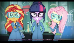 Size: 1853x1086 | Tagged: safe, artist:invisibleink, derpibooru import, fluttershy, sci-twi, sunset shimmer, twilight sparkle, equestria girls, friendship games, clothes, crossed arms, crossover, cute, ghostbusters, glasses, gloves, hands behind back, image, jpeg, laboratory, medical gloves, parody, rubber gloves, safety goggles, science, scientist, smiling, test tube, twiabetes