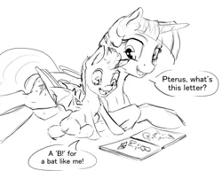 Size: 1200x927 | Tagged: safe, artist:silfoe, derpibooru import, twilight sparkle, twilight sparkle (alicorn), oc, oc:pterus, alicorn, bat pony, pony, other royal book, royal sketchbook, adopted offspring, black and white, book, cute, dialogue, foal, grayscale, learning, monochrome, mother and son, parent:princess luna, parent:twilight sparkle, parents:twiluna, silfoe is trying to murder us, simple background, speech bubble, white background