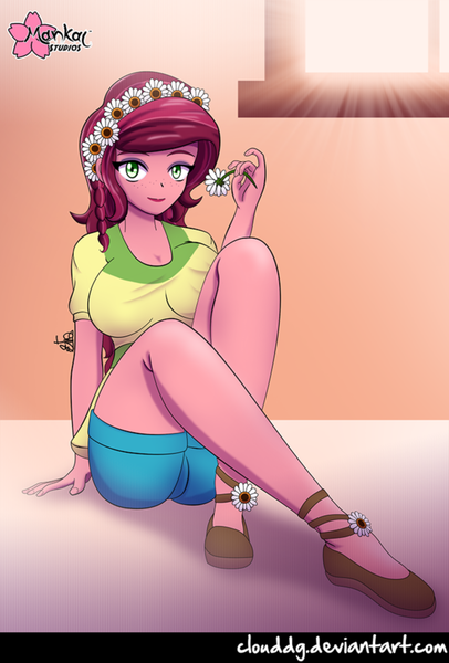 Size: 676x1000 | Tagged: safe, artist:clouddg, derpibooru import, gloriosa daisy, equestria girls, legend of everfree, breasts, busty gloriosa daisy, clothes, female, flower, flower in hair, looking at you, shorts, sitting, solo