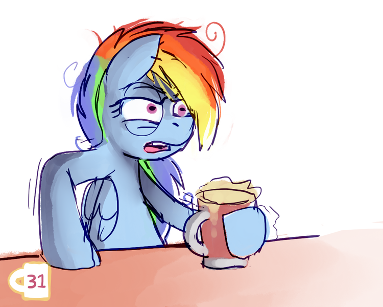 Size: 1152x921 | Tagged: safe, artist:karzahnii, derpibooru import, rainbow dash, pegasus, pony, 300 big boys, cider, cider mug, drunk, drunker dash, futurama, hoof hold, morning ponies, mug, solo