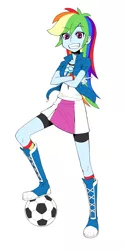 Size: 1500x3000 | Tagged: safe, artist:jud, derpibooru import, rainbow dash, human, equestria girls, ball, boots, clothes, cute, dashabetes, female, football, jacket, looking at you, pixiv, shirt, shoes, simple background, skirt, smiling, solo, white background, wristband