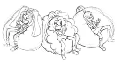 Size: 1280x664 | Tagged: safe, artist:cybersquirrel, derpibooru import, adagio dazzle, aria blaze, sonata dusk, equestria girls, beanbag chair, hair, impossibly large hair, monochrome, pomf, sketch, the dazzlings, the pomf