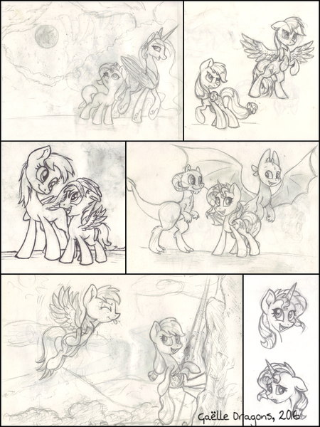 Size: 1773x2364 | Tagged: safe, artist:gaelledragons, derpibooru import, applejack, crackle pop, derpy hooves, princess celestia, rainbow dash, sunset shimmer, dragon, earth pony, night fury, pegasus, pony, unicorn, female, how to train your dragon, mare, monochrome, sketch, tauntaun, toothless the dragon